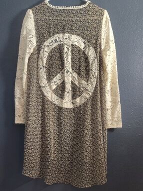 Lace Open Hippie 70s Cardigan Light Weight Peace Sign Long Sleeves Sheer